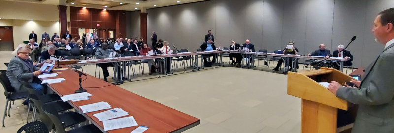 Brett Letkowski, Chair of the SCK Transportation Coalition, addresses the audience at the annual meeting of the South Central Kansas Legislative Delegation in 2020 at Wichita State University.